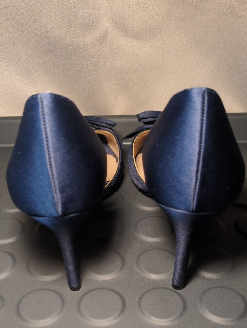 Nina Navy Satin Peep-Toe Heels with Front Bow Accent - Picture 4 of 7